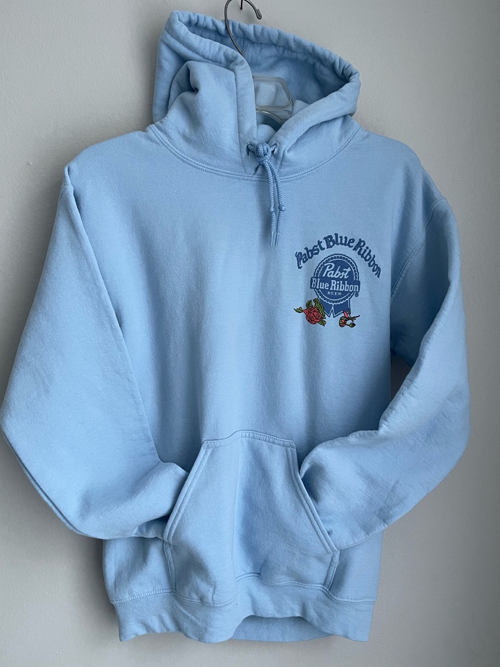 Pabst Blue Ribbon Hooded Sweatshirt Light Blue Embroidered Rose Graphics Small
